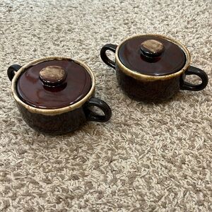 Vintage Brown Drip Glaze Sugar Bean Pots w/ Lids - Set of Two